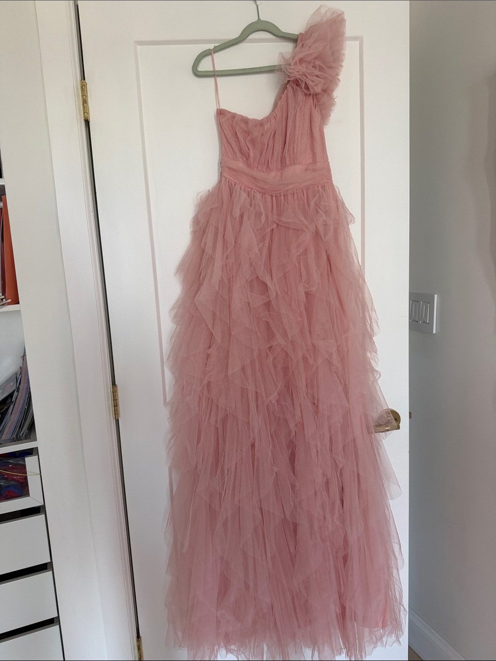 One-Shoulder Dusty Rose Tulle Ruffle Gown